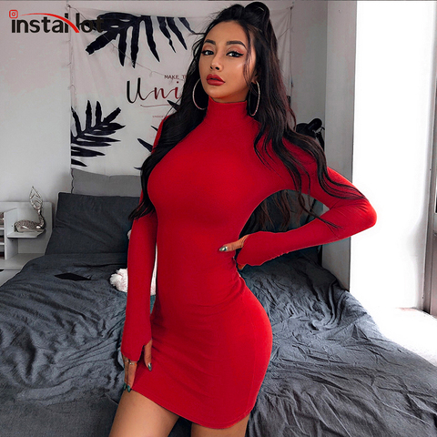 InstaHot-vestido minimalista de cuello alto de manga larga para otoño, minivestido básico de punto para fiesta, 8 colores ► Foto 1/6