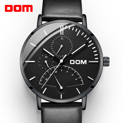 DOM-relojes para hombre, de cuarzo, deportivo, multifunción, de pulsera, resistente al agua, de cuero, negro, M-511D-7M ► Foto 1/5