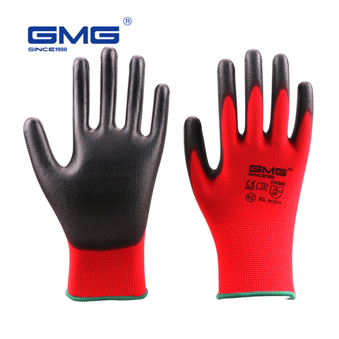 Gran oferta de 6 pares de guantes de seguridad para el trabajo de poliuretano negro y poliéster rojo EN388 con certificado CE GMG ► Foto 1/6
