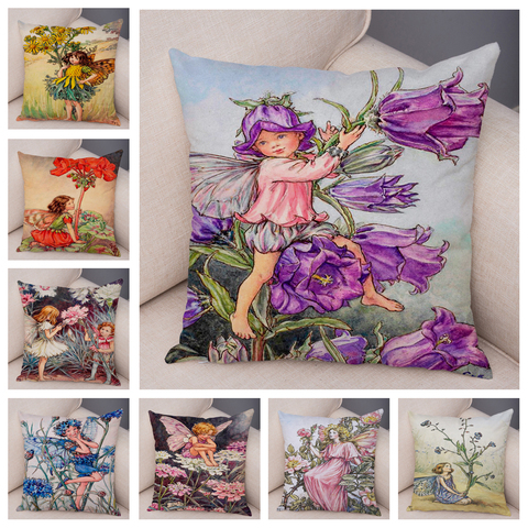 Colorido mundo de cuentos de hadas elfos cojín protectores de decoración de dibujos animados lindo de la muchacha de flor almohada para sofá ropa de hogar funda de almohada 45x45cm ► Foto 1/6