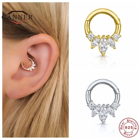 CANNER-pendientes de aro de Plata de Ley 925 para mujer, aretes redondos de diamante perforados para cartílago, joyería de hueso del oído pequeños, aretes ► Foto 1/6