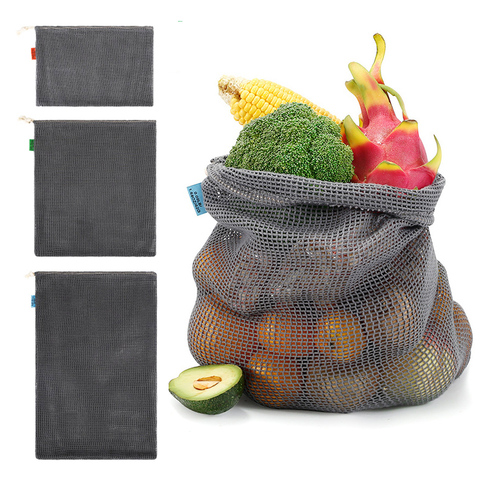 Bolsa de malla de algodón reutilizable bolsas de verduras Eco Produce bolsa de malla de algodón bolsa de almacenamiento de verduras reutilizable bolsas de la compra con cordón ► Foto 1/6