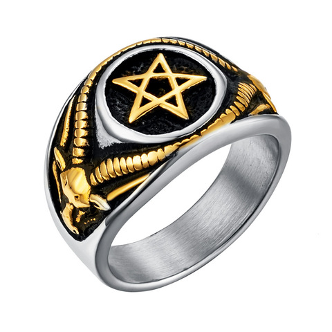 Anillo de pentagrama de acero inoxidable para hombre, joyería Vintage de Satán, Baphomet, Cabra, diablo, demonio, venta al por mayor ► Foto 1/6