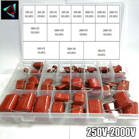 250V 630V 2000V 140 unids/caja 24 tipos 223, 105, 472, 104, 684, 221, 821, 472, 153, 472, 473, 103, 475, 183, 475 la broca del fruto del café condensadores de película de Metal KIT de ► Foto 1/1