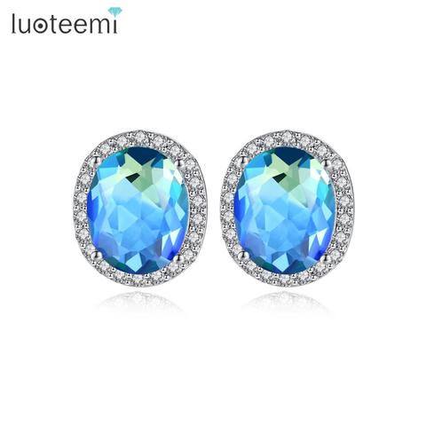 LUOTEEMI-pendientes de perno ovalados para mujer, CZ azul/Multicolor para boda, Color oro blanco/dorado, joyería Brincos, gran oferta ► Foto 1/6