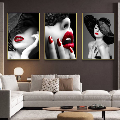 Rojo Sexy labios Mural de mujer de moda de impresión Cartel de la lona de arte belleza imagen pared pintura moderna casa Decoración ► Foto 1/6