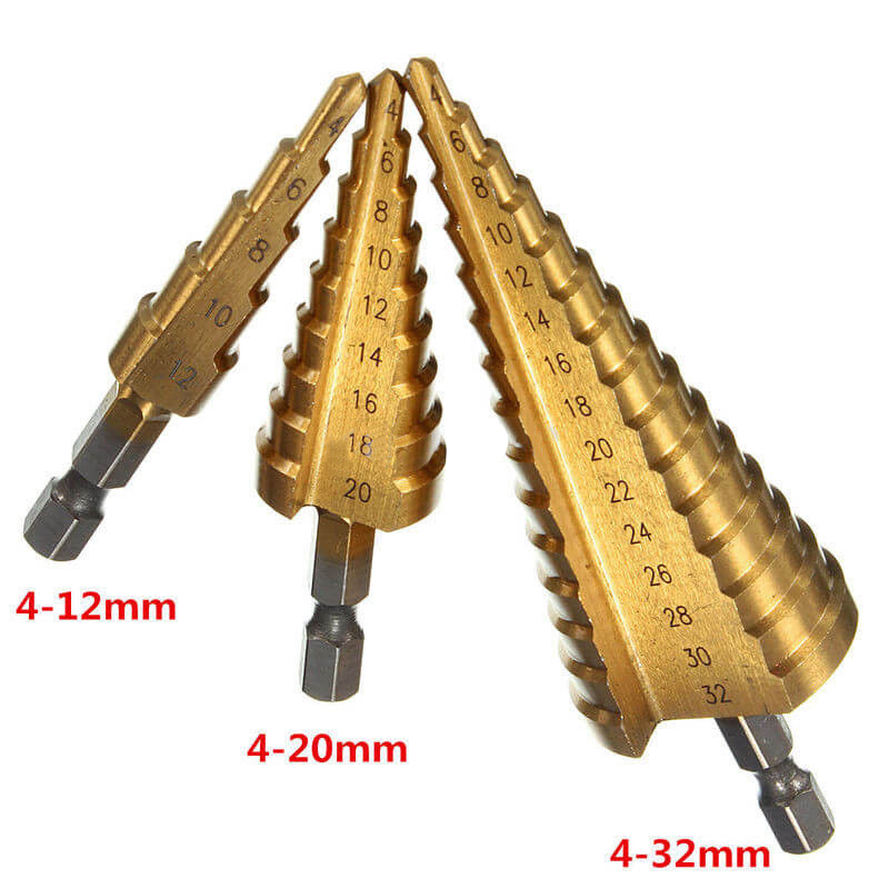 Broca escalonada recubierta de Titanio HSS, 4-22, 4-12, 4-20, 4-32, 3-12mm, herramienta eléctrica para perforación, cortador de agujeros para madera, cono cónico ► Foto 1/6