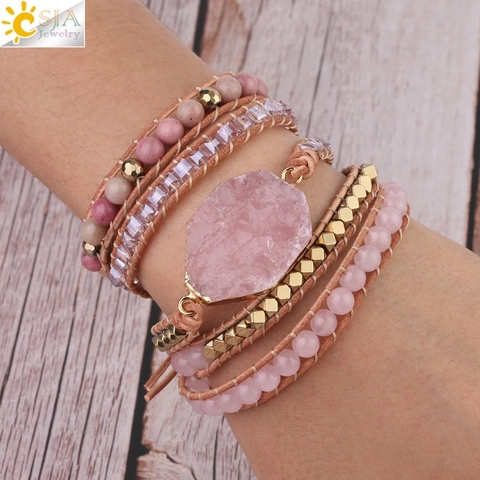 CSJA-pulsera de cuero de cuarzo rosa con piedras naturales para mujer, brazalete con cuentas de cristal, joyería Bohemia, 5 hebras, S308 ► Foto 1/6