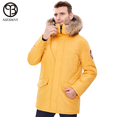 Asesmay-Chaqueta de invierno para hombre, parka con capucha de piel de mapache, abrigo grueso y cálido, chaquetas color naranja, tirantes desmontables de talla grande ► Foto 1/6