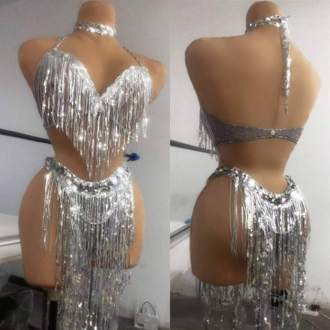 Conjunto de Bikini con flecos y sujetador Halter para mujer, conjunto de Bikini con flecos de lentejuelas y Plata brillante, pantalones cortos para discoteca, DJ, baile en barra ► Foto 1/6