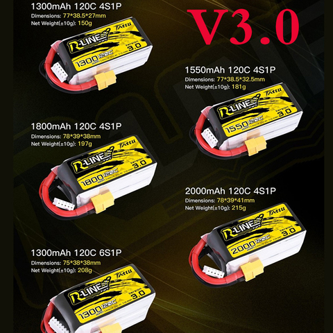 Tattu R-línea 3,0 V3/1050/1300/1550/1800/2000mAh 120C 4S 5S 6S 14,2 V 15,8 V batería de Lipo de XT60 macho Dron de carreras con visión en primera persona RC Quadcopter ► Foto 1/6