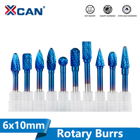 XCAN-Fresa rotativa de carburo de tungsteno con revestimiento Super Nano azul, Lima rotativa de doble corte, 6x10mm, 1 unidad ► Foto 1/5