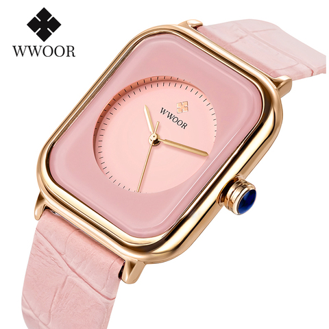WWOOR-relojes rectangulares para mujer, pulsera de cuero de cuarzo con diseño Geneva, color rosa, 2022 ► Foto 1/6