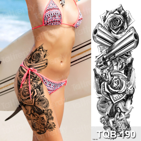 Tatuajes Temporales grandes rose gun flor Ojo de zorro tatuaje manga mujeres sexy pegatinas del cuerpo muslo piernas tatuaje negro transferencia de agua ► Foto 1/6