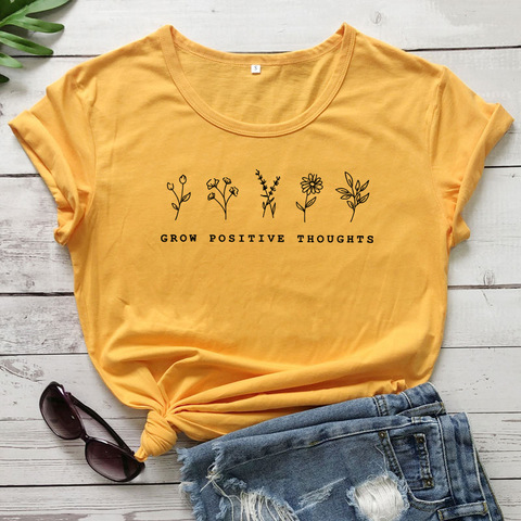 Camiseta de algodón de 100% para mujer, Camiseta holgada de manga corta con cuello redondo con estampado de mensaje positivo y letras Wildflowers para verano ► Foto 1/6