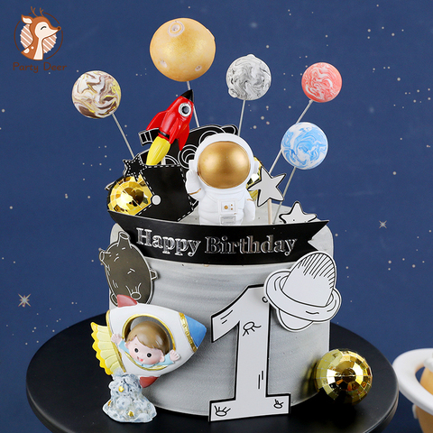 Decoración de la luna de astronauta del cohete de las estrellas del universo, carta de feliz cumpleaños, decoración para pastel, postre para el Día de los niños, regalos encantadores ► Foto 1/6