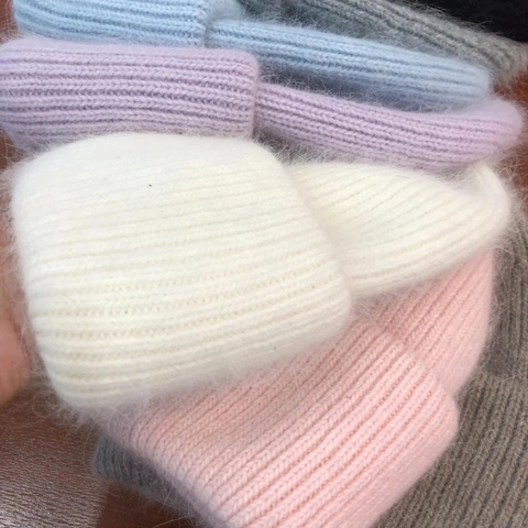 Sombreros de invierno de alta calidad para mujer, gorros cálidos de pelo de conejo, gorros de colores sólidos a la moda, gorros anchos para vacaciones ► Foto 1/6