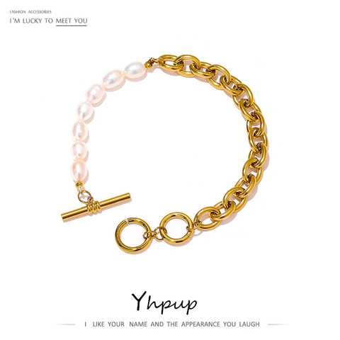 Yhpup-pulsera de cadena de acero inoxidable de 18 K con cierre de palanca y perlas naturales, elegante ► Foto 1/6
