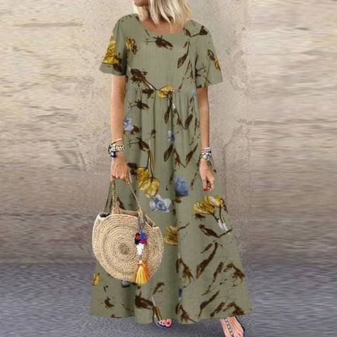 ZANZEA moda verano Maxi vestido de las mujeres vestido de verano estampado pantalón corto Casual Vestidos de manga mujer alta túnica cintura de mujer de talla grande ► Foto 1/6