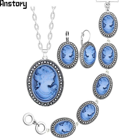 Oval Lady Queen Cameo Jewelry Set Antique Silver Plated Necklace Earrings Bracelet Fashion Jewelry TS419 ► Foto 1/5