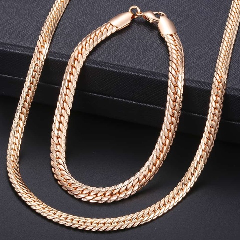 Conjunto de joyería para mujer, collar de pulsera de oro rosa 585, cadena de serpiente de espiga martillada, joyería para mujer 2022 ► Foto 1/5