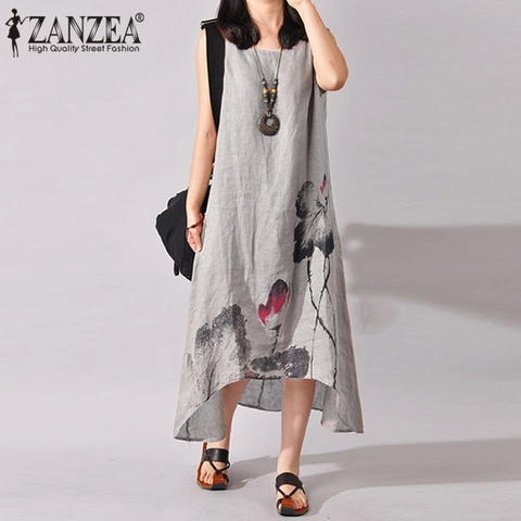 ZANZEA-Vestido de lino sin mangas, prenda de verano para mujer con estampado de tinta, de algodón, a media pantorrilla, tallas grandes ► Foto 1/6