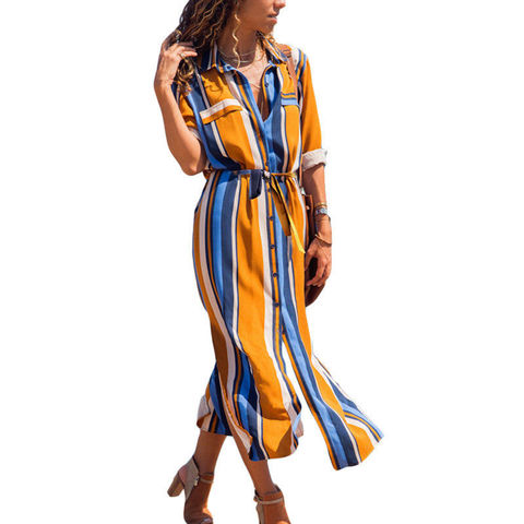 Vestido largo femenino de verano a rayas con manga larga, traje largo veraniego a rayas, con escote triangular, 2022 ► Foto 1/6
