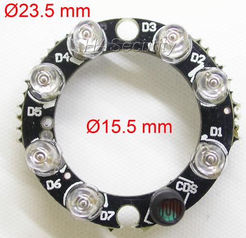 Módulo de placa LED infrarroja de tamaño pequeño, 7x(3mm) IR para cámara CCTV, Visión Nocturna (diámetro de 23,5mm/15,5mm), ángulo emisor de 90 grados ► Foto 1/3
