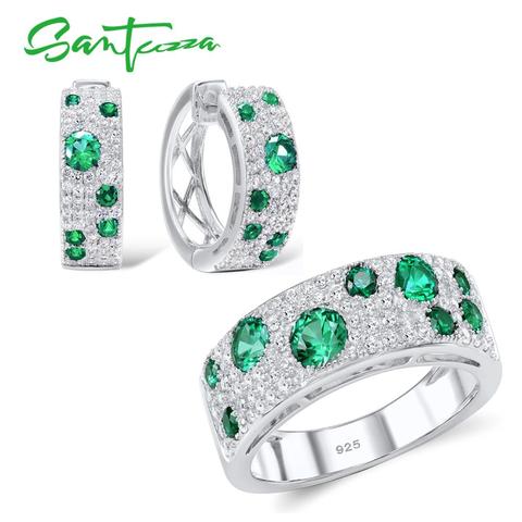 SANTUZZA conjunto de joyería para mujer auténtico 100% de Plata de Ley 925 brillante deseo verde CZ conjunto de anillo y pendientes de joyería de moda ► Foto 1/6