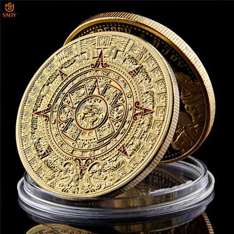 Calendario azteca Maya mexicano, cultivo Prophecy, chapado en oro, réplica de moneda coleccionable conmemorativa de 999 ► Foto 1/6