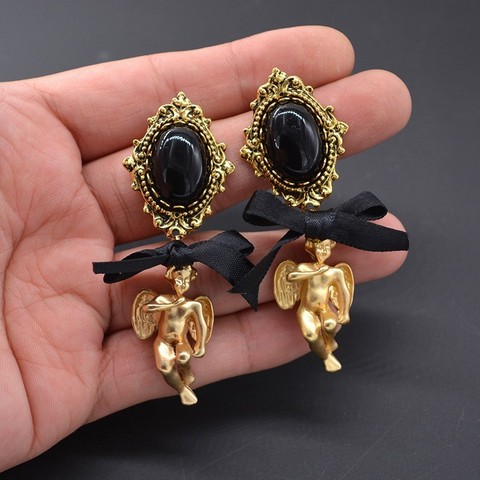 Pendientes de Ángel barroco Retro para mujer, aretes de Perla lazo con Nudo negro, joyería estética para mamá, joyas de Joyeria d oreilles 2022 ► Foto 1/5