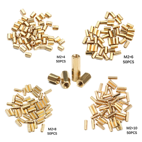 50 Uds M2 tuerca hexagonal espaciado tornillo de latón roscado Pilar PCB placa base separador espaciador Kit 4mm/6mm/8mm/10mm ► Foto 1/6