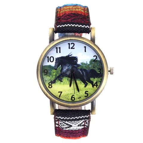 Las carreras de caballos Steed caballos negros de moda casuales de los hombres de la joyería de las mujeres de la correa de tela deporte reloj de cuarzo analógico ► Foto 1/6