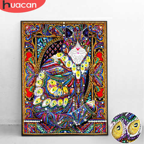 Huacan Forma especial gato pintado diamante Animal Diy bordado de diamantes para decoración del hogar ronda parcial taladro de diamante mosaico 40x50cm ► Foto 1/6