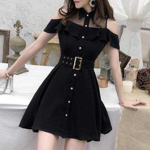 2022 nuevo vestido de verano de una sola camisa de Estilo negro dulce cuello vuelto Mini elegante corto Vestidos con cinturón Vestidos ► Foto 1/6