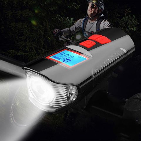 Impermeable con la luz de carga USB Luz delantera de bicicleta linterna manillar ciclismo luz w/cuerno medidor de velocidad ► Foto 1/6