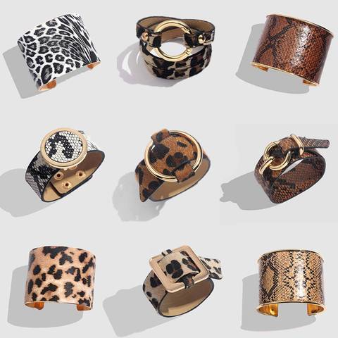 Flatfoosie, pulsera y brazalete con estampado de leopardo a la moda para mujer, brazalete ancho de Color dorado Vintage de cuero bohemio, regalos de joyería ► Foto 1/6