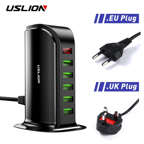 USLION-cargador USB multipuerto para teléfono móvil, 5 puertos, enchufe para la UE, Reino Unido, pantalla LED, estación de carga de escritorio ► Foto 1/6