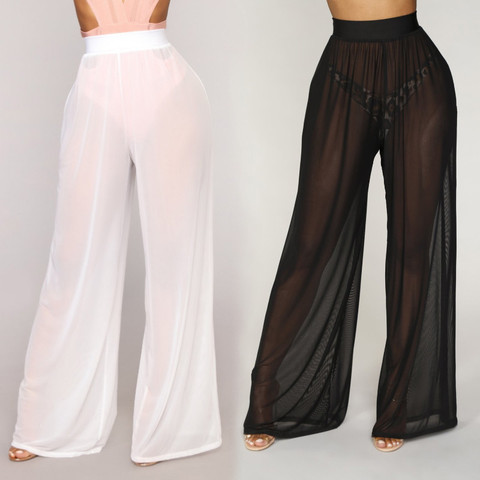 Pantalones largos de malla para mujer, pareo de Bikini, pantalones de baño transparentes, pantalones de pierna ancha de talla grande S-2XL, verano 2022 ► Foto 1/6