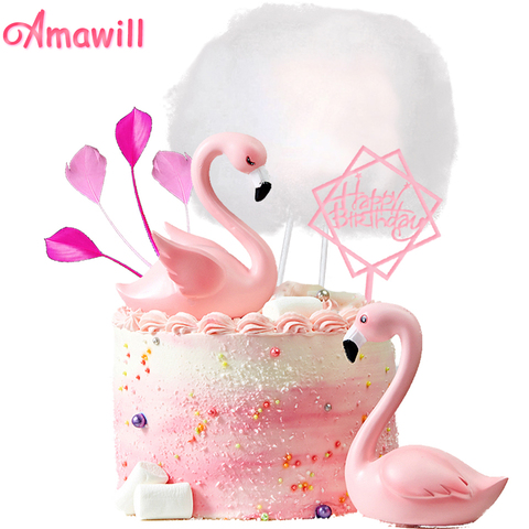 Amawill-Decoración de pastel de boda, decoración de pastel de nube de plumas para fiesta de cumpleaños, flamenco rosa, feliz cumpleaños, cupcakes, 8D ► Foto 1/6