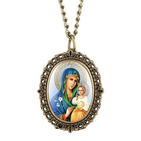 Reloj de bolsillo de la Virgen María para mujer, colgante analógico, elegante, con cadena, Retro, regalo ► Foto 1/6