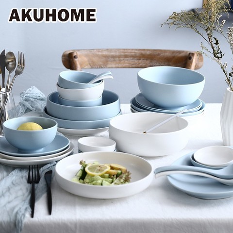 AKUHOME-Juego de platos y platos de cerámica, cuencos sólidos de estilo nórdico, bandeja blanca y azul para comida, regalo para el hogar ► Foto 1/5