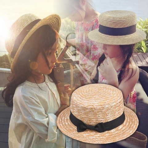 Sombrero de paja lindo para niñas y niñas con lazo para el sol sombrero de playa de ala grande para niños sombrero de 54 cm ► Foto 1/6