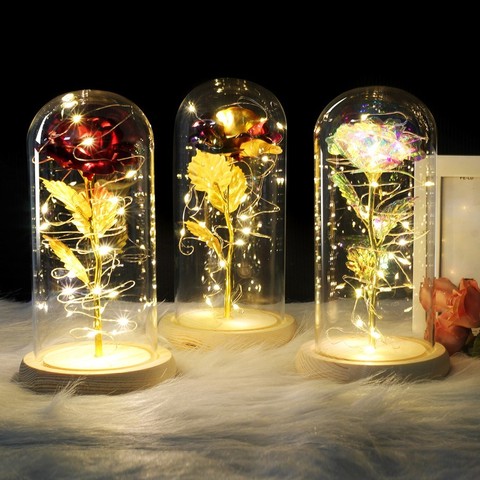 Rosa Roja de La Bella y La Bestia en cúpula de cristal, Base de madera para regalos de San Valentín, lámparas LED rosa de Navidad, 6 colores ► Foto 1/6