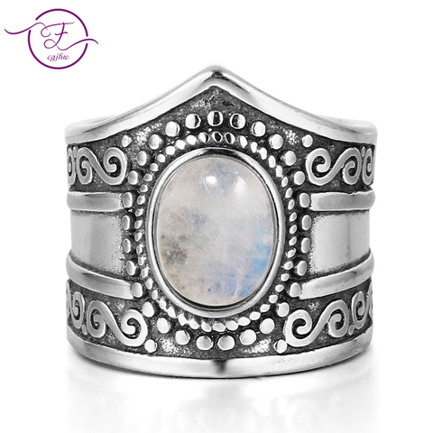 Nueva joyería fina Vintage 7*9MM grandes anillos de piedra lunar del arco iris Natural Plata de Ley 925 para las mujeres regalos de aniversario ► Foto 1/6