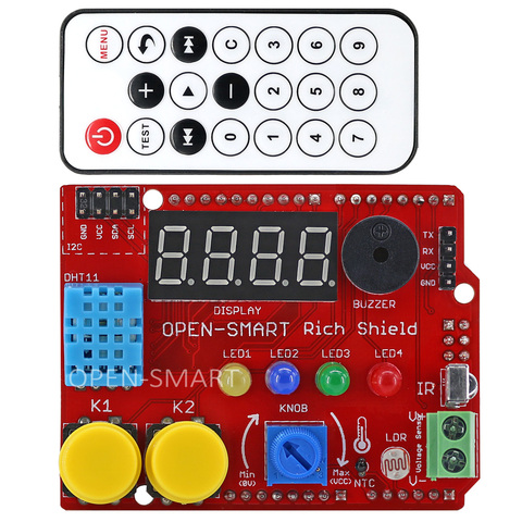 Rich Shield + mando a distancia IR con receptor infrarrojo, botón del timbre LED, Sensor de luz, Sensor de temperatura 24C02 EEPROM para Arduino UNO R3 ► Foto 1/5