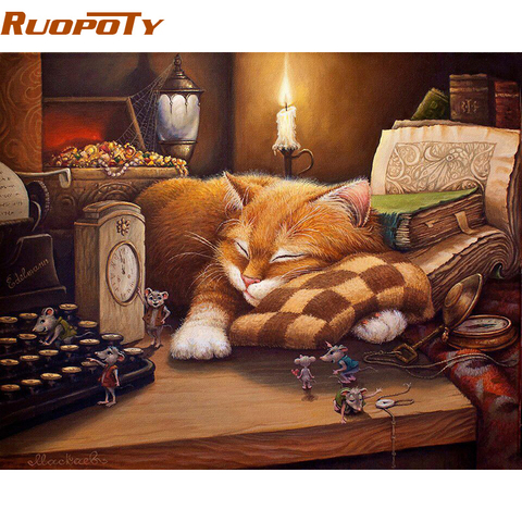 RUOPOTY-Cuadro de gato para dormir, pintura artesanal por números de animales, pintura pintada a mano por números, regalo para decoración del hogar, envío directo ► Foto 1/6