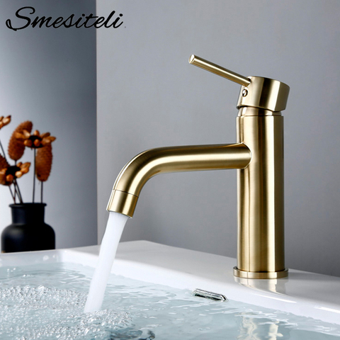 Smesiteli-Grifo dorado para lavabo de baño, grifería redonda, pequeña de un solo mando, mezclador de agua caliente y fría ► Foto 1/6