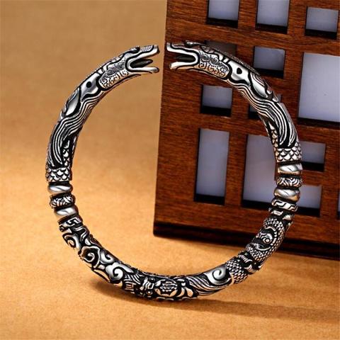 LKO-Pulseras ajustables de plata tibetana para hombre y mujer, doble cabeza de dragón chino, brazaletes para hombre y mujer ► Foto 1/5