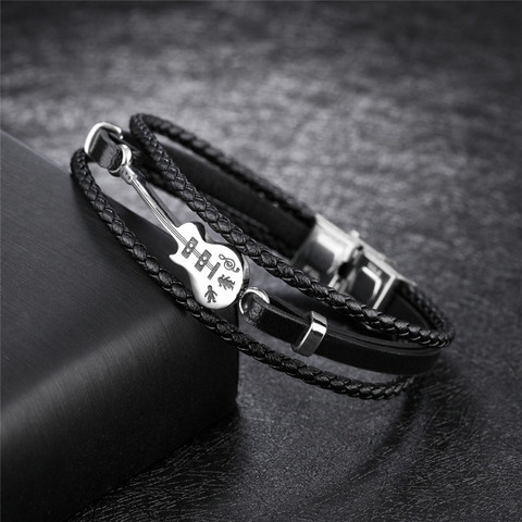 ZORCVENS nueva moda multicapas cuero genuino trenzado Punk Vinatge genial de guitarra de acero inoxidable brazaletes de la pulsera de regalo ► Foto 1/6